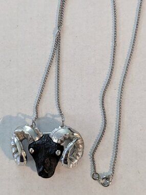 Vintage 70's RAZZA Black Ram Silver Tone Aries Zodiac Pendant Brooch Necklace
